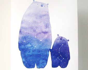 Cosmic bear art print aquarelle grand ours constellation print ursa major minor bear art bear print animal print bear wall art bear poster bear