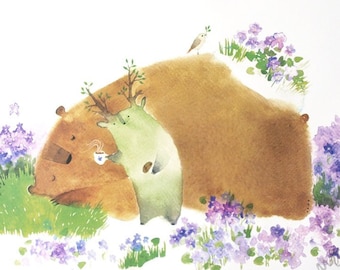 Temps de réveiller l’impression d’art A3 Aquarelle Animal Bear impression Ours affiche animal Affiche ours porte-vêtements Childrens Nursery décor pépinière mur art