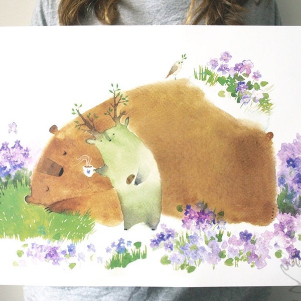 Zeit, um aufzuwachen Kunstdruck A3 Aquarell Tier Bär Druck Bär Plakat Tier Plakat Bär Wand Kunst Kinder Kinderzimmer Dekor Kinderzimmer Wandkunst