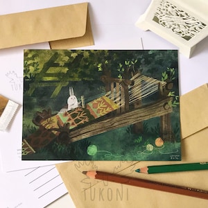 Postkarte Motte webt Motte Postkarte Handgemachte Postkarte Tukoni Motte Aquarell Geschenkideen Einzigartige Geschenke Frühling Vegan