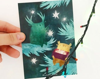 Tukoni Hangs the Stars Postcard, Christmas Card, Cute Postcard Print, Postcard Illustration, Greeting Card