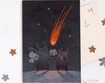 A Comet Postcard, Christmas Card, Cute Greeting Cards, Catch a Star Postcard, Falling Star Illustration, Post Card, Tukoni