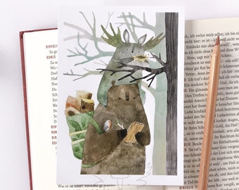Bear and Bird Watercolor Illustration Postcard