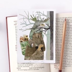 Cartão postal de serviço de recuperação de ninho, cartão postal de animal, cartão de urso, cartão postal de floresta, ilustração em aquarela, cartão de felicitações