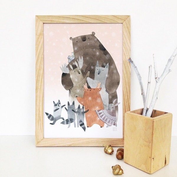 Let's hug Art print Forest animals watercolor Woodland poster Animals art print Woodland poster Winter art print Nursery animals Bear art