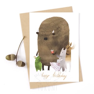 Alles Gute zum Geburtstag Postkarte, Bison Kunstdruck, Geschenkkarte, niedliche Tier Illustration, Grußkarte, Aquarell Postkarte, stationäre Karte, Tukoni