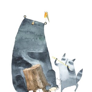 Oh happy day Illustration Art print Woodland poster Animal print Bear print Raccoon poster Wall art Nursery decor Forest animal poster Cute