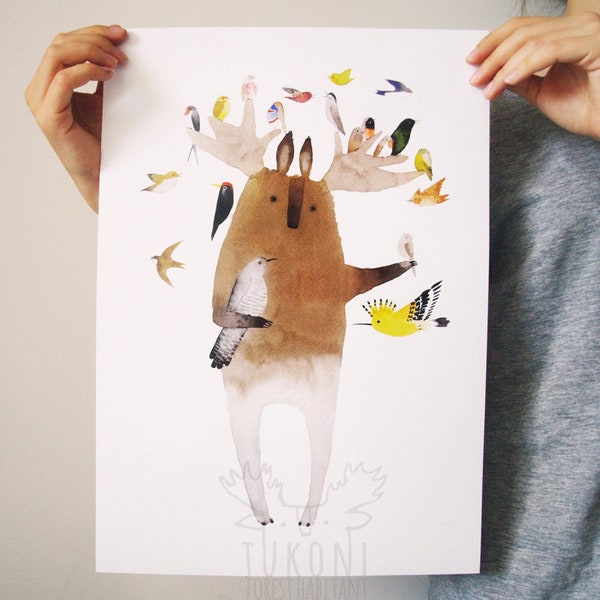 Ami des oiseaux Esprit de forêt Impression numérique Aquarelle peinture Deer poster Pépinière art Animal peinture Woodland Cuckoo Nightingale Hoopoe