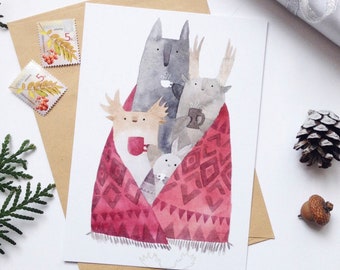 Cozy postcard, cute animal postcard, cozy winter postcard animal greeting card illustrated postcard coffee postcard tea card wolf postcard