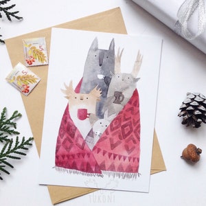 Cozy postcard, cute animal postcard, cozy winter postcard animal greeting card illustrated postcard coffee postcard tea card wolf postcard
