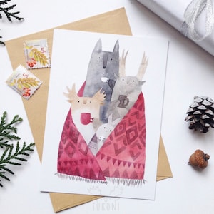 Postal acogedora, linda postal de animales, acogedora postal de invierno, tarjeta de felicitación de animales, postal ilustrada, postal de café, postal de té, postal de lobo