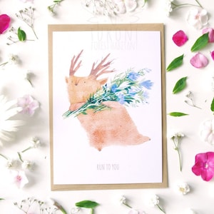 Pocztówka Run To You, Ilustracja akwarelowa, Karta okolicznościowa, Uroczy wydruk pocztówki, Karta wiosenna, Tukoni, Woodland