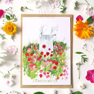 Postal Estar donde quieras estar Espíritu del bosque Floración Campo de amapolas Tarjeta de felicitación Naturaleza Tarjeta de nota Lindo estacionario Animal postal Acuarela