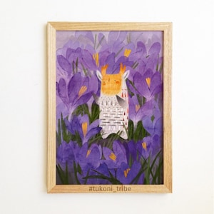 Poster Krokusse und Tukoni Grey Rebhühner Frühling Illustration Ostern Blumen Poster Tier Kindergarten Wald Wildblumen Deer Saffron
