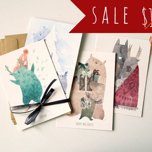 winter post card set Recycled post card Cute animal post card New year firtree Bear post card Greeting card Wolf post card Forest post card