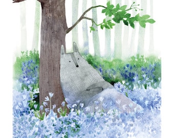Wolf relaxing in the wild flowers Art print Poster Watercolor Animal painting Wolf art Wolf painting Forest animal Wolf poster Nursery art