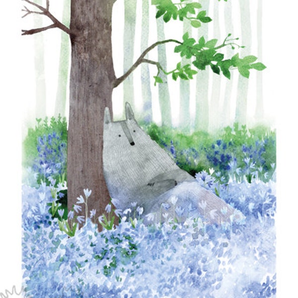 Wolf relaxing in the wild flowers Art print Poster Watercolor Animal painting Wolf art Wolf painting Forest animal Wolf poster Nursery art