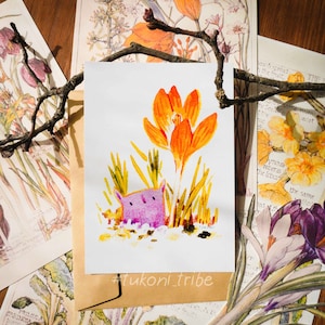Orange Crocus Tukoni Looks Ansichtkaart, Lentebloemen Kaart, Geïllustreerde Ansichtkaarten, Wenskaarten