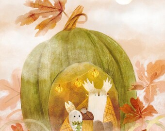 Moth and Traveler Print: Cozy Autumn Pumpkin Home Decor