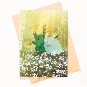 Postkarte Tukoni Wasser Wildblumen Schneeglöckchen Karte Frühling Illustration Osterkarte Tier Postkarte Hirsch Postkarte Wald