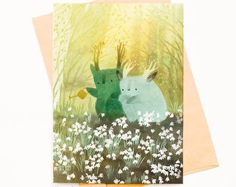 Postcard Tukoni water wild flowers Snowdrops card Greeting card Spring illustration Easter card Animal post card Deer post card Forest