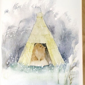 Casa en los juncos Lámina de animales Lámina de osos Póster de osos Póster de animales de acuarela de oso Decoración de guardería Estampado de animales del bosque