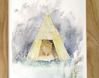Bear in Reed House Watercolor Art Print, Forest Nursery Decor