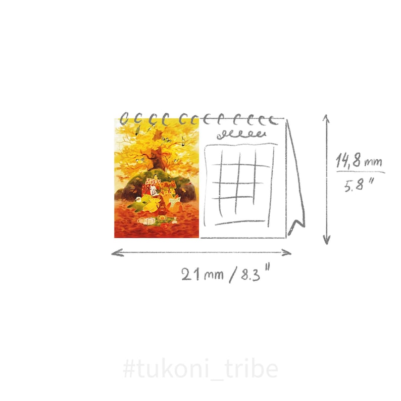 Op de afbeelding: Een kleine, ge&iuml;llustreerde kalender met een spiraalbinding. De kalender toont een kleurrijke herfstsc&egrave;ne met een boom en figuren. De kalender is 21 mm breed en 14,8 mm hoog.