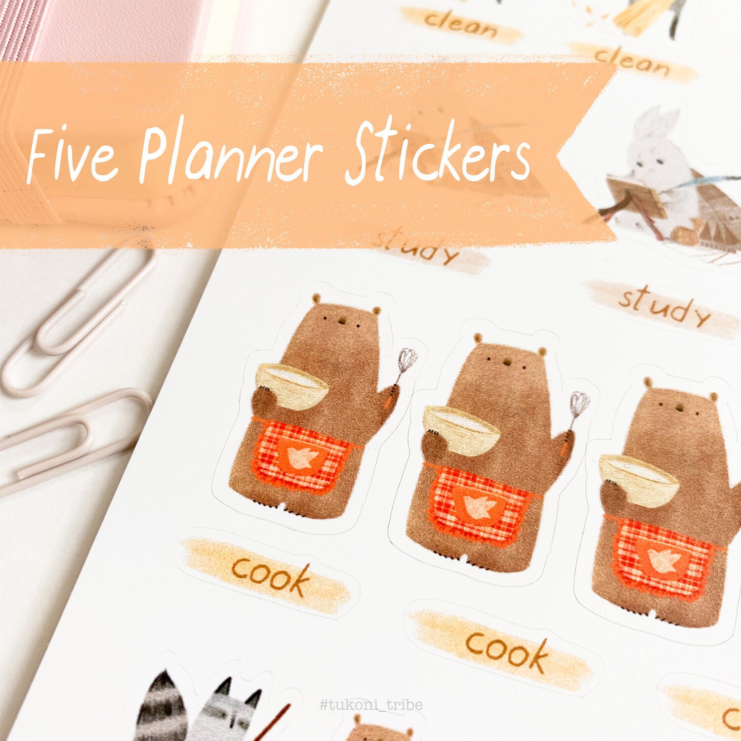 Planner Stickers Set of 5, Cute Animal Stickers, Bojo Stickers, Laptop Stickers, Tukoni