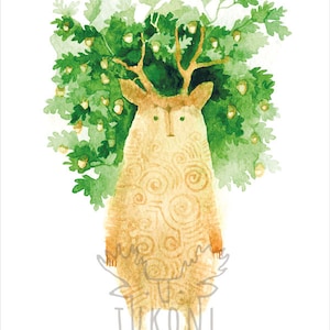 Eiche Baum Tukoni Spirit Druck - Natur Illustration Druck Tier Poster Hirsch Poster Waldgeist Druck Kinderzimmer Dekor Wald