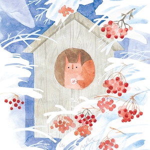 Winter squirrel at home in snow Winter poster Winter art print Squirrel poster Squirrel art print Squirrel nursery Animal New year Christmas