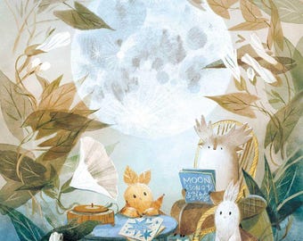 Moon Flowers Art Print: Woodland Music, Moth & Rabbit Decor