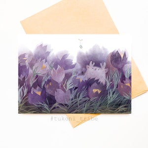 Cartão pasqueflower flor cartão postal florestacpirit cartão primavera saudação cartão postal ilustração cartão de páscoa animal arte postal cartão de veado arte da floresta