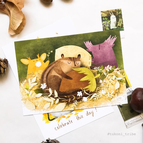 Autumn Postcard Set, Illustrated Animals ,Nursery Wall Art, Greeting Card, Stationary, A6 Postcard, Tukoni