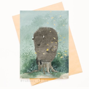 Linda postal de bisonte, tarjeta de búfalo, ilustración de otoño, papelería linda, tarjetas de felicitación