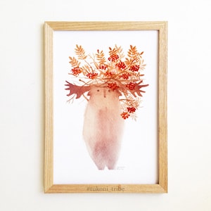 Naturposter Naturkunstdruck Tierposter Rehlein Poster Waldgeist Kinderzimmer Waldvogelbeerbaum Gartentier Waldtier