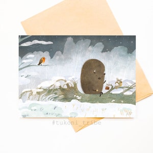 winter post card Bison and Traveler the Tukoni have tea Forest animals card Woodland card Greeting card New year Christmas Winter birthday