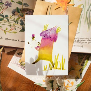 Carte postale Crocus tukoni avec théière de fleurs, cartes postales illustrées, carte théière, mini impression, cartes de voeux, tukoni