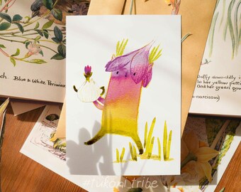 Postcard Crocus Tukoni with Flower Teapot, Illustrated Postcards, Teapot Card, Mini Print, Greeting Cards, Tukoni