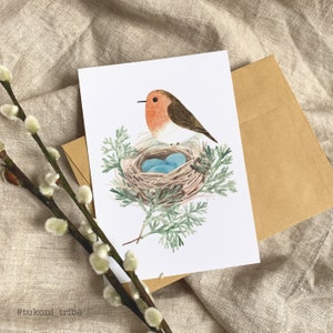 Cartão postal Robin, cartão de ovos de Robin de Páscoa, presente para amante de pássaros, cartão comemorativo, ilustração, cartão postal, Tukoni