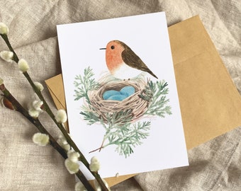 Robin Postcard, Easter Robin Eggs Card, Bird Lover Gift, Greeting Card, Illustration, Post Card, Tukoni