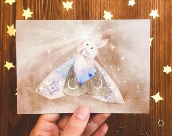Postcard Moth Iris, Celestial Postcard, Mini Print, Stars, Sky, Illustrated Card, Greeting Cards, Small Gift, A6 Postcard, Tukoni, P2113
