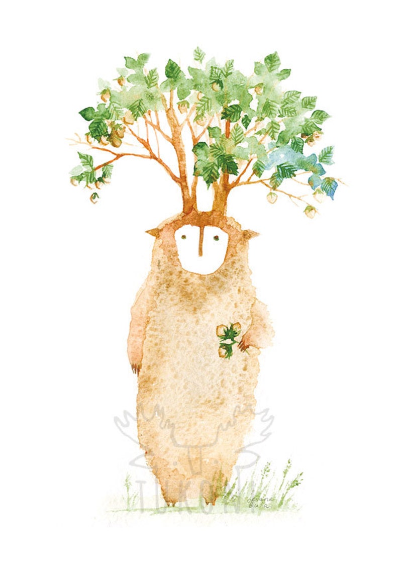 May include: Watercolor painting of a furry, brown creature with a tree growing out of its head. The creature is holding a small bouquet of green leaves in its right hand. The background is white.