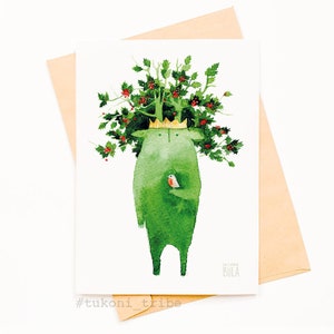 Holly Tree Tukoni Postcard, Holly King Card, Watercolor Illustration, Tree Spirit Postcard, Cute Illustrated Postcard