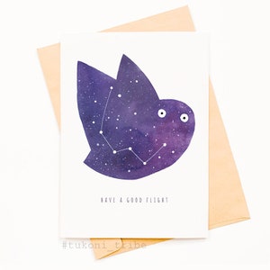 Cartolina Avere un buon volo Gufo Cassiopea costellazione Biglietto di auguri Woodland Note card Carino gufo stazionario Gufo stellato 4000