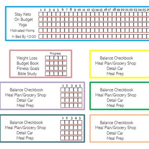 May include: A printable daily, weekly, and monthly planner with sections for goal setting, meal planning, and budgeting. The planner includes a grid for tracking daily activities and a checklist for weekly and monthly tasks.