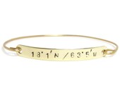 Hand Stamped LATITUDE & LONGITUDE Bangle Bracelet in Gold, Rose Gold or Sterling Silver, GPS Coordinate Bracelet, Personalized Bar Bracelet