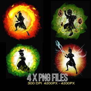 9 x Cartoon Elemental Bender Character Bundle PNG Digital Prints, DTF, Sublimation