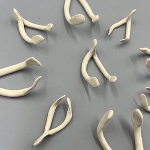 May include: A collection of small, off-white ceramic wishbones scattered on a gray surface. The wishbones have a smooth, curved design with rounded ends, suggesting a handmade craft or decorative item. The arrangement is random, with some wishbones overlapping.