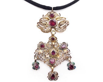 Antique Austro Hungarian Pendant Gilt Silver Filigree Girandole Red Paste Stones  Renaissance Revival 7.73g